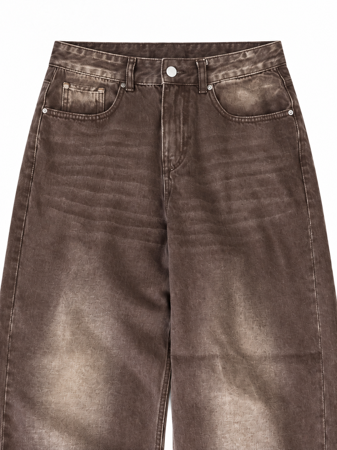 MOCCA jeans — brown wash, front waistband and pocket detail