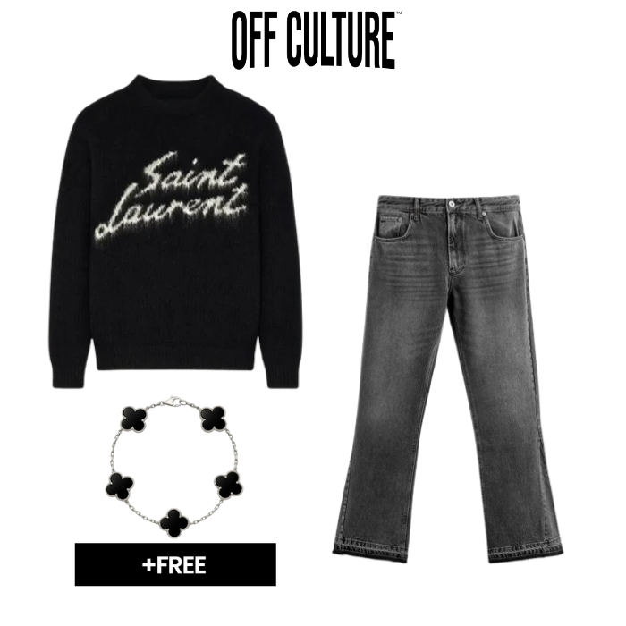 MIDNIGHT — KNIT OUTFIT SET — Off Culture outfit composite with black script knit, grey jeans and black clover bracelet offer